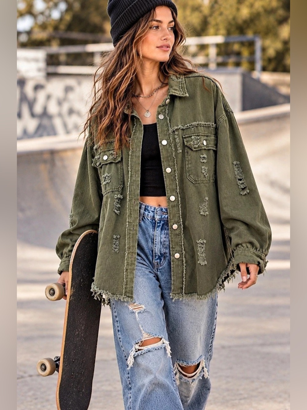 Olive Green Distressed Utility Shacket Raw Hem Oversized Shirt Jacket L